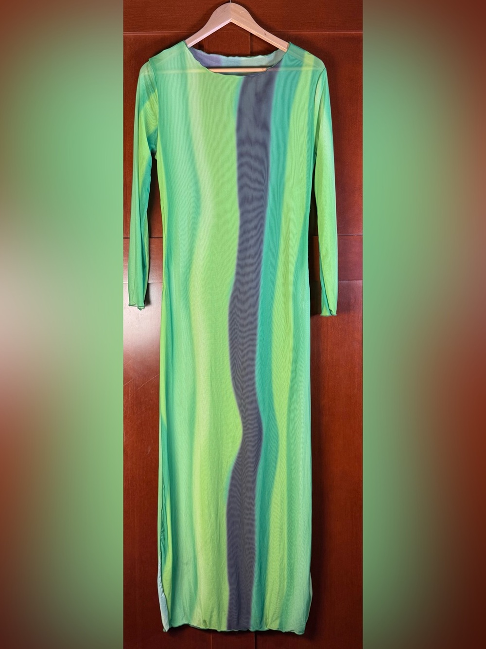 Sheer Green Mesh Maxi Dress Cover Up XL Colorblock Long Sleeve